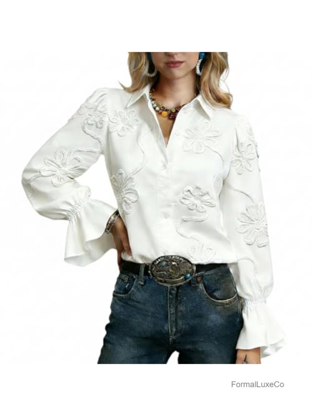 Women's Floral Embroidered Peasant Top V-Neck 3D Embroidery Long Sleeve Cotton